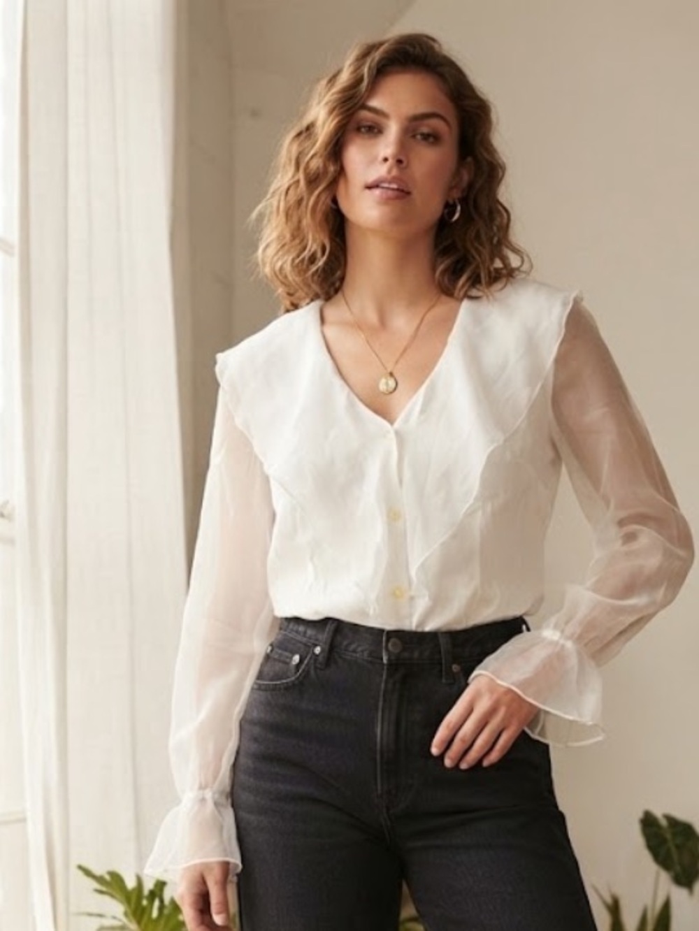 Vintage 80’s VIA MAX sheer sleeves Blouse Sz S Bridal Wedding
